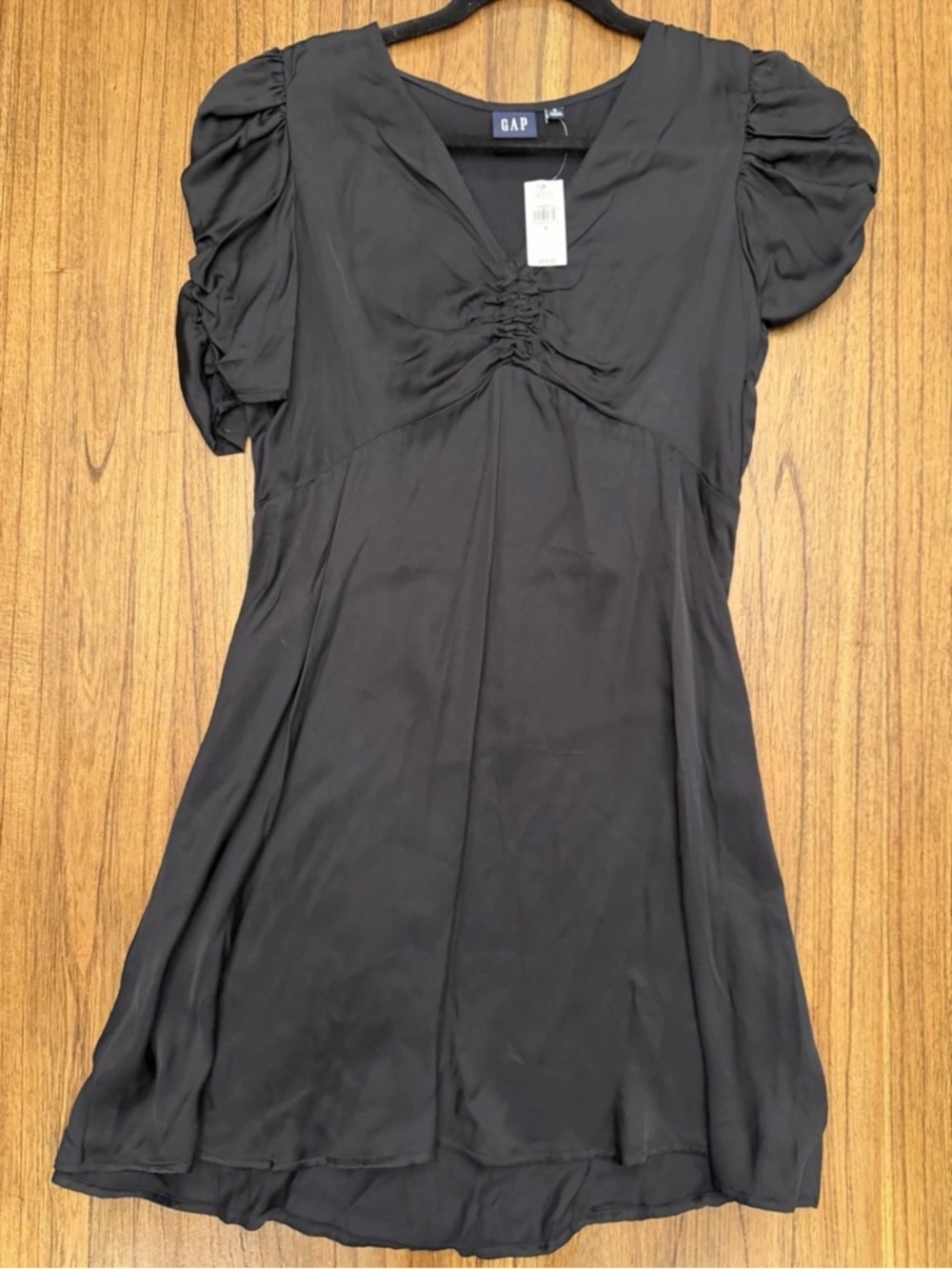 Gap NWT Black Ruched Puff Sleeve Fit & Flare Mini Dress Small